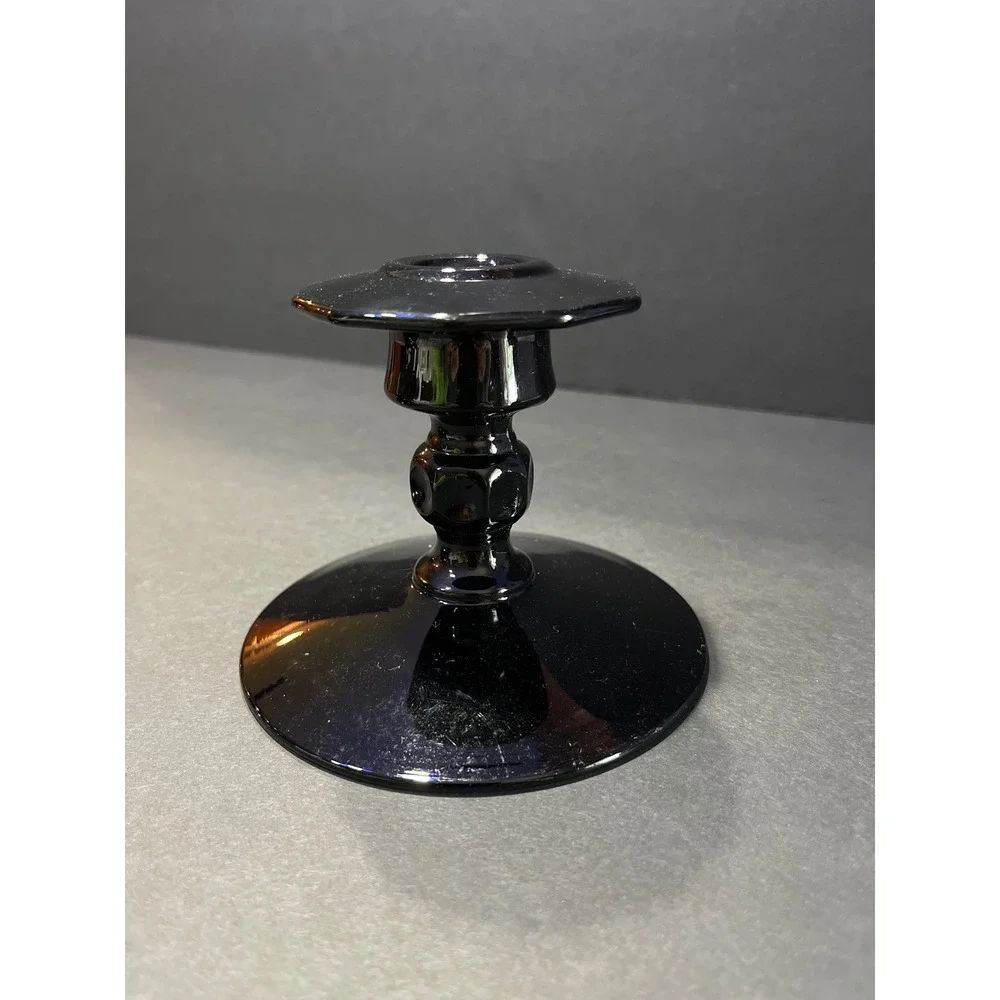 Vintage Amethyst Black Glass Footed Nut Bowl and Candlestick Holder Set